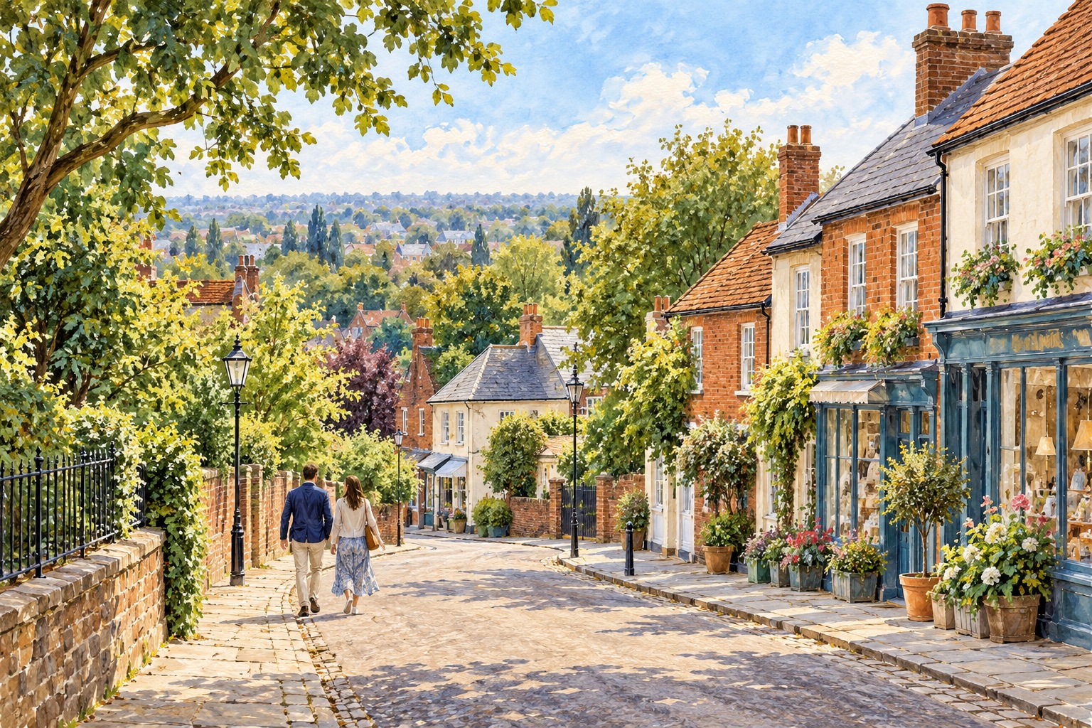 Representative watercolour illustration of a leafy lane and local shops on Harrow on the Hill